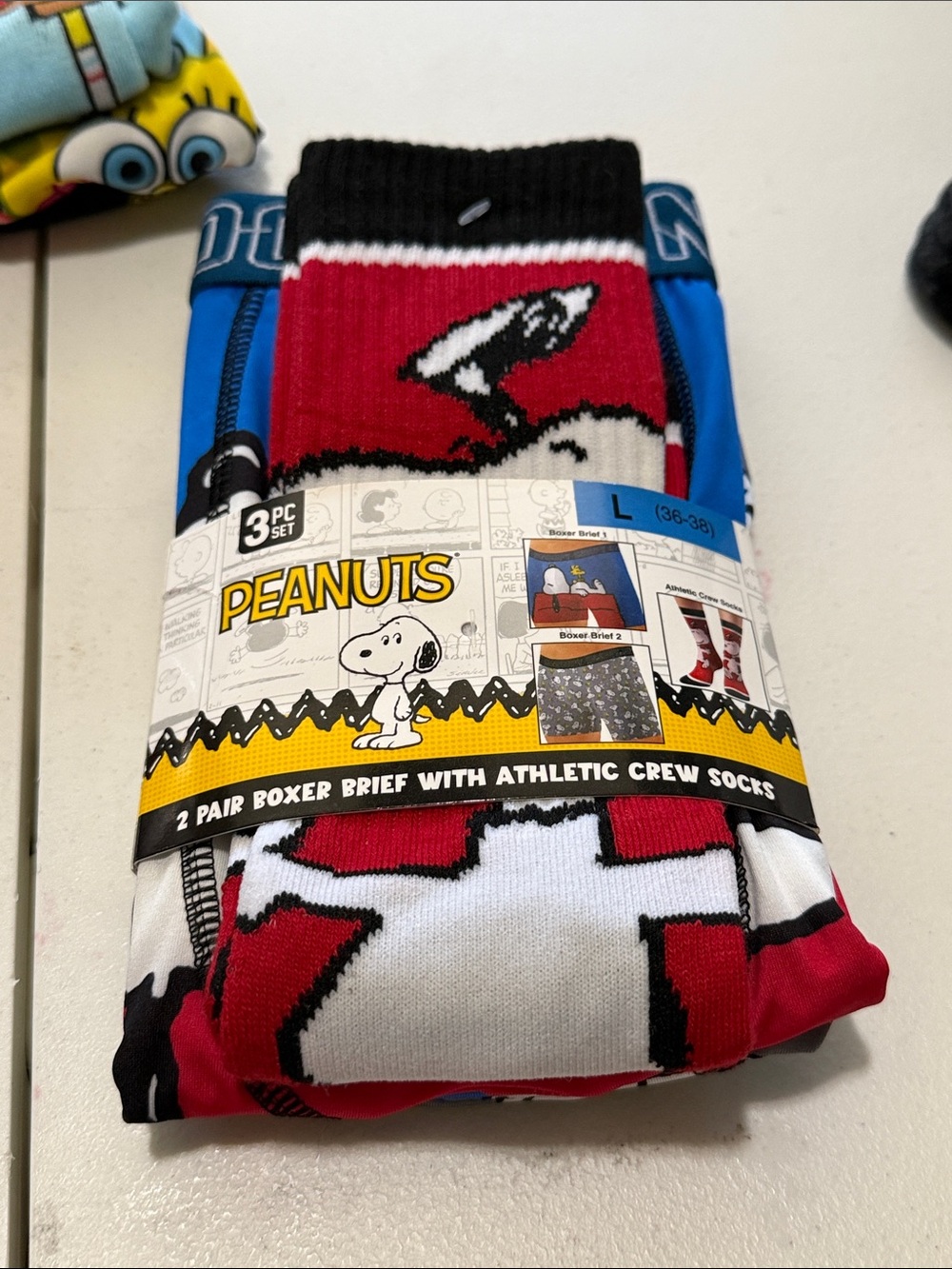 Peanuts Men's Blue & Red Boxer Briefs with Snoopy Crew Socks - 3PC Set